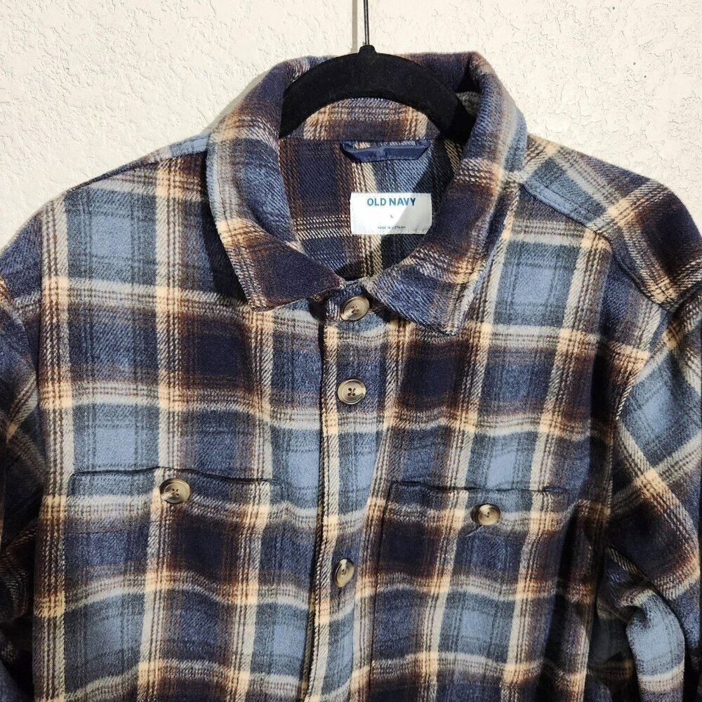 Old Navy Jacket Mens Large Blue Brown Plaid Flannel Shacket Button Shirt Jacket